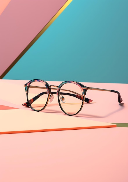 glasses sit on a pink copper green and blue background in the style of asymmetrical framing ligh