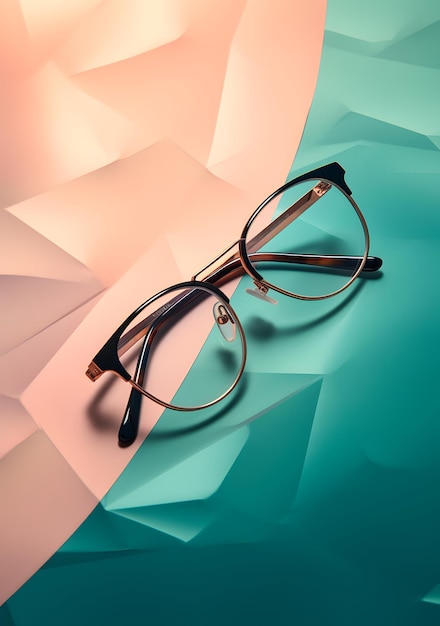 glasses sit on a pink copper green and blue background in the style of asymmetrical framing ligh