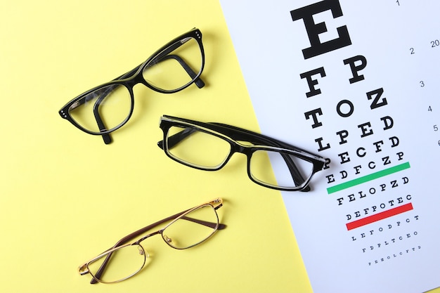 Glasses and a table for checking eyesight on a colored background top view