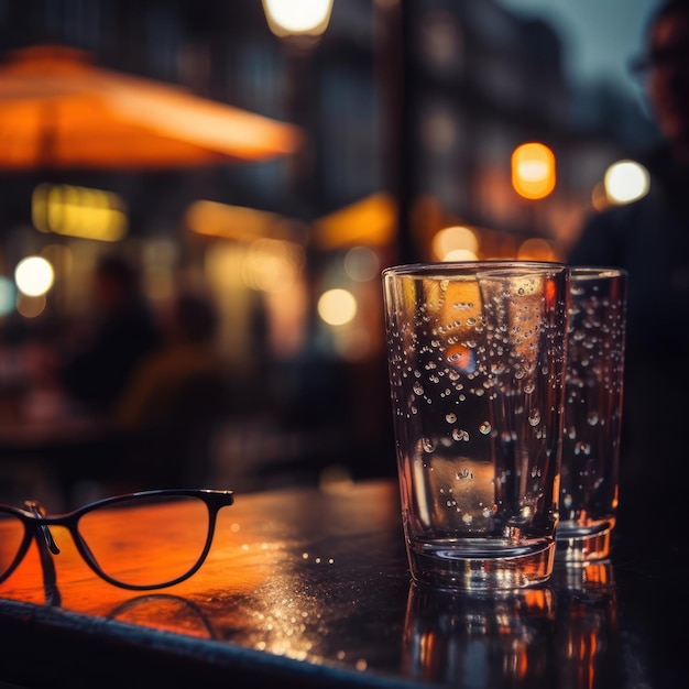 Glasses on a table with a pair of glasses on it