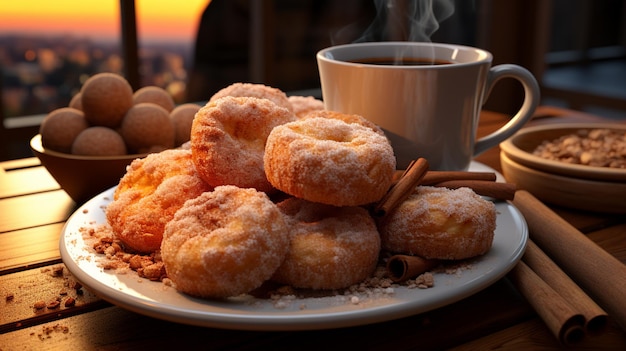 Glasses of tasty donuts with sugar and tea on wooden tablegenerative ai