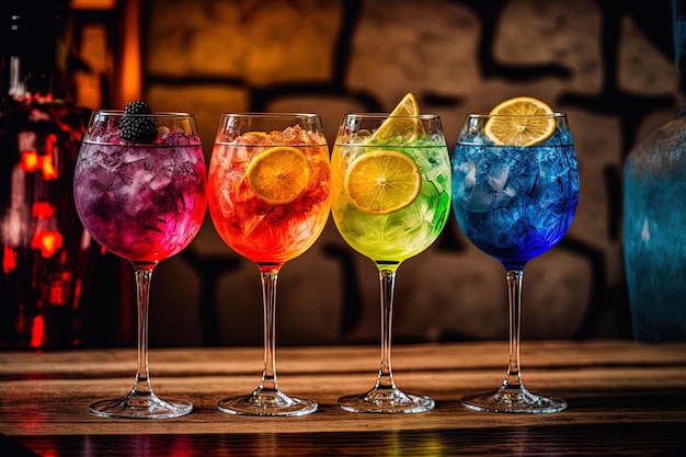 Glasses of variously colored gin and tonics are displayed on the bar counter at a pub or restaurant