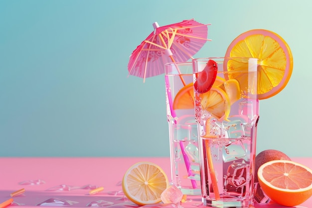 Photo glasses of water with fruit slices and umbrellas on top