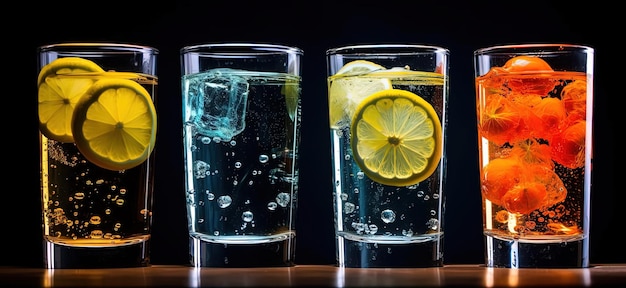 glasses of water with lemons and lime in the style of dark navy and orange