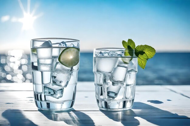 Photo glasses of water with lime and mint leaves on a table