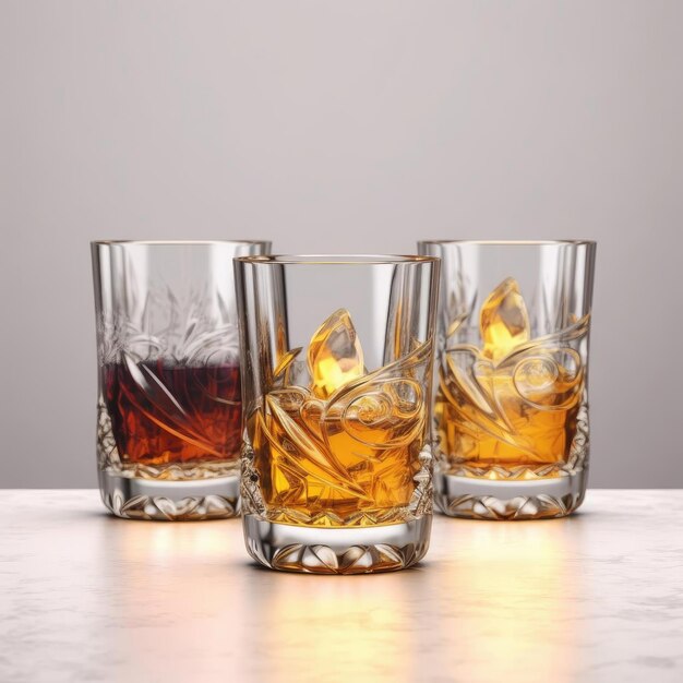 Glasses of whiskey with ice cubes on white table against grey background