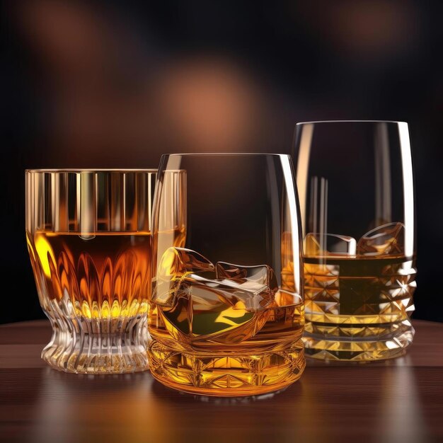 Glasses of whiskey with ice cubes on wooden table against dark background