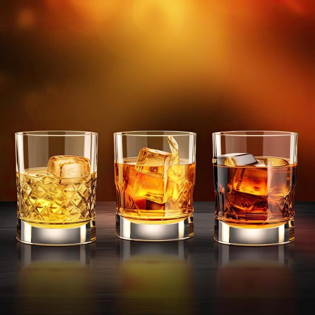 Glasses of whiskey with ice cubes on wooden table vector illustration