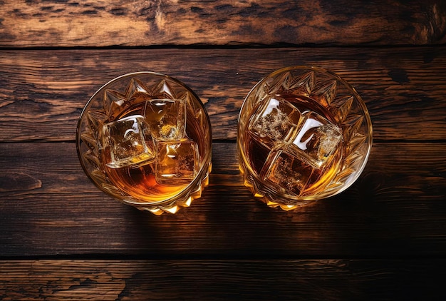 glasses of whiskey with ice in a wooden background in the style of aerial view