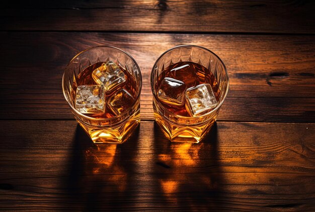 glasses of whiskey with ice in a wooden background in the style of aerial view