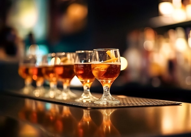 Glasses of whiskey on a wooden table in a bar or restaurant