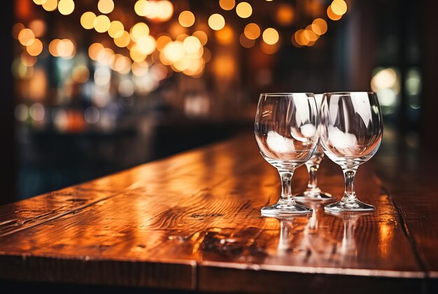 Glasses of whiskey on a wooden table in a bar or restaurant