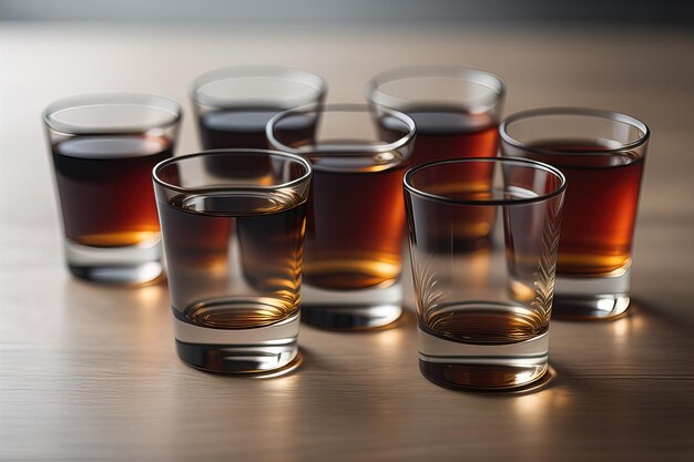 Glasses of whiskey on a wooden table in a pub or restaurant ai generative
