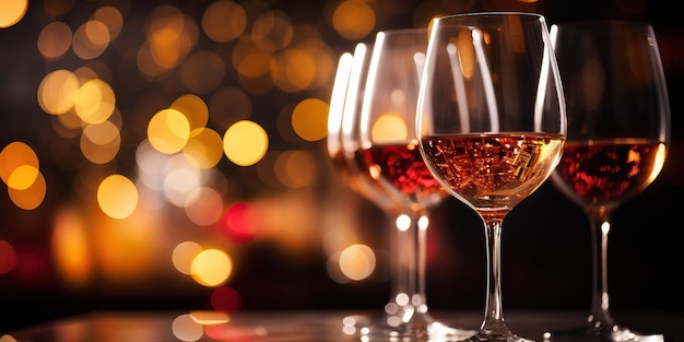 Glasses of white wine against bokeh lights on background