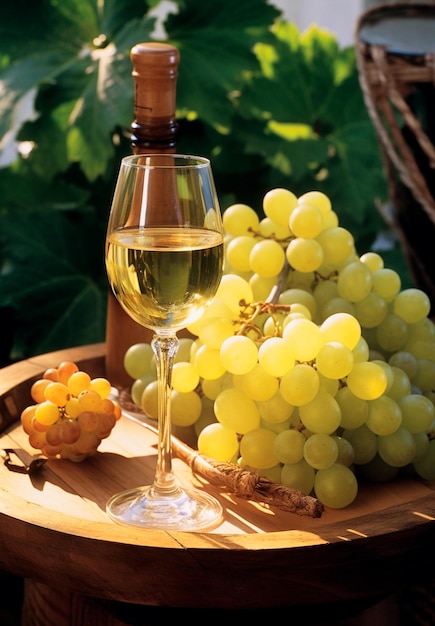 Foto bicchieri di vino bianco con l'uva sul lato