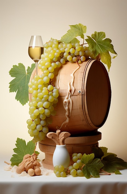 横にブドウが付いた白ワインのグラス