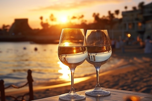 Glasses of Wine on Cafe Table Romantic Couple Sitting