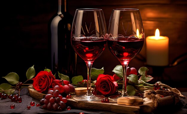 Glasses of wine romantic valentines day dinner