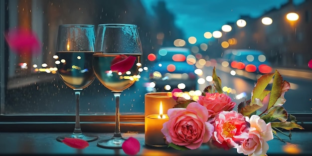 glasses of wine Roses flowers,petal and candles blurred light  on table Romantic  Background