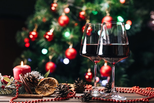 Glasses of wine with Christmas decorations