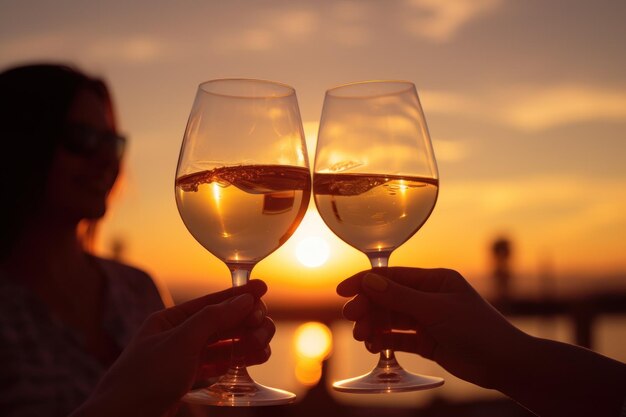 Glasses of wine with sunset sky background