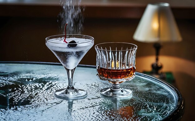 写真 湿ったガラスのテーブルの上にあるアルコール飲料のグラス