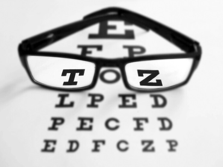 Photo glasses with black frame and eye test chart