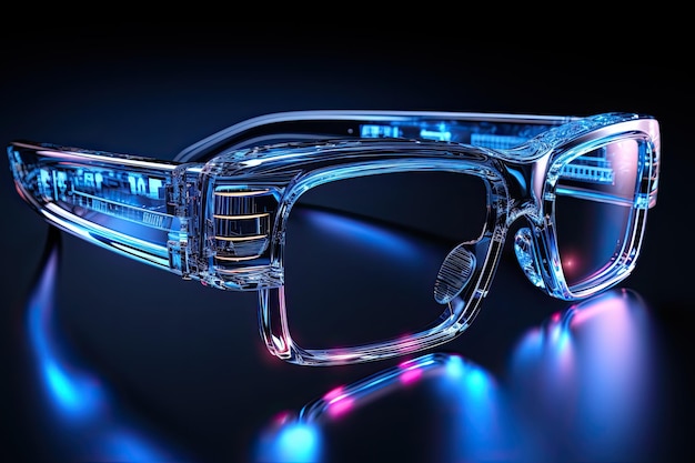 Photo glasses with blue light coating on the table on a dark background eye protection from fatigue generative ai