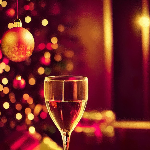 Glasses with champagne on the background of Christmas decorations Blurred 3d illustration