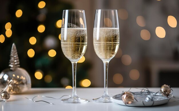 Glasses with champagne on the background of Christmas decorations