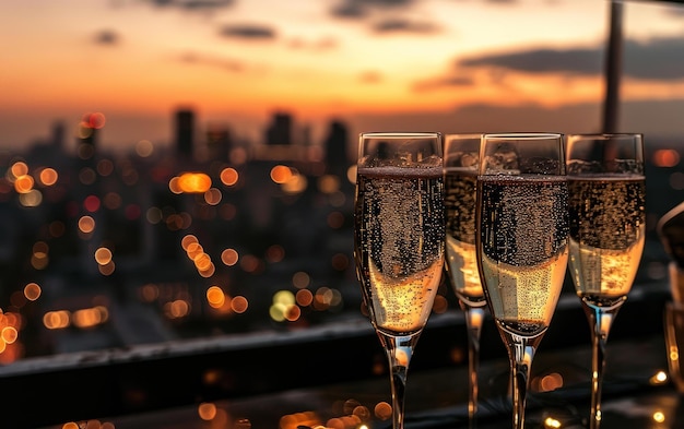 Glasses with champagne and a city skyline in the background