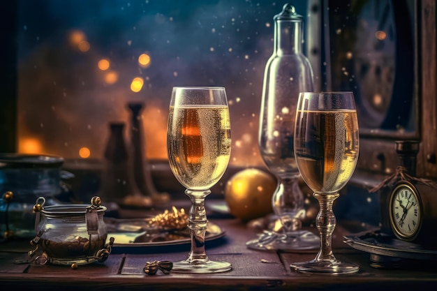 glasses with champagne and clock on table with Christmas decorations new year eve generative AI