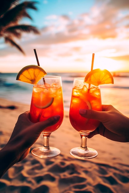 Glasses with cocktails against the backdrop of the sea in hands Generative AI Drink