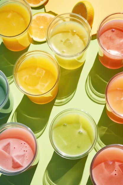 Photo glasses with colored drinks smoothies in the sun high quality photo