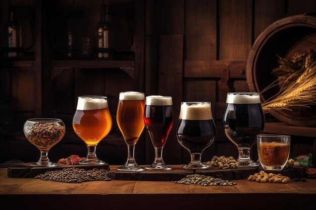 Glasses with Different Sorts of Craft Beer on Wooden Background
