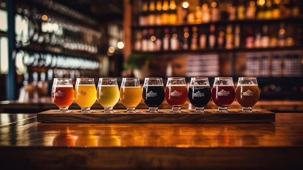 Glasses with different sorts of craft beer on wooden bar Tap beer in pint glasses arranged in a row