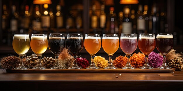 写真 木製のバーに様々な種類のクラフトビールを入れたグラス