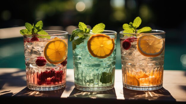 スイミングプールで様々な夏のカクテルを飲むグラス