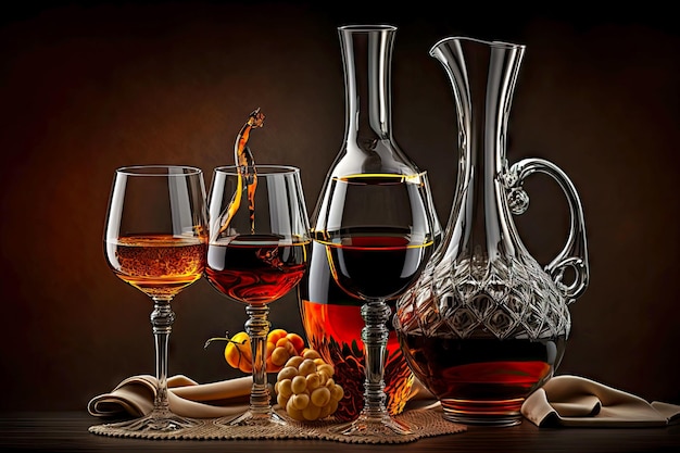 Glasses with drinks on table and decanter with wine