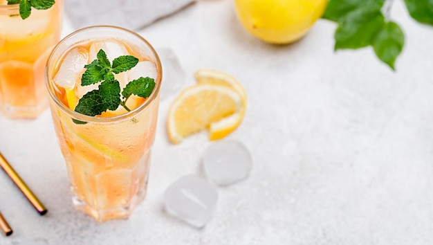 glasses with fresh ice tea with copy-space