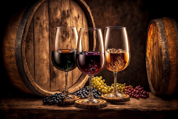 Glasses with grape drink against background of wooden wine barrel