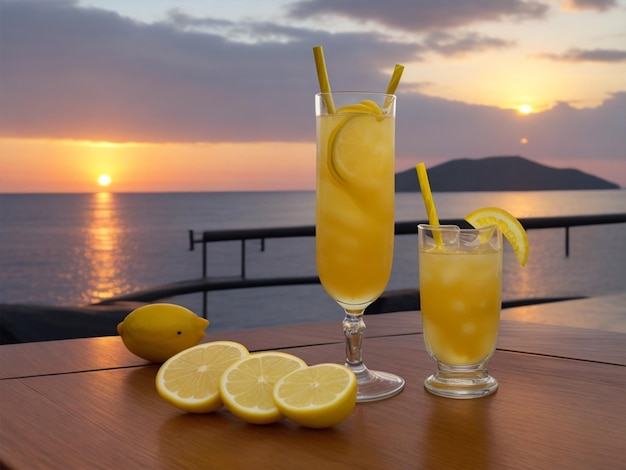 Glasses with lemonade on table sunset on the background generated ai