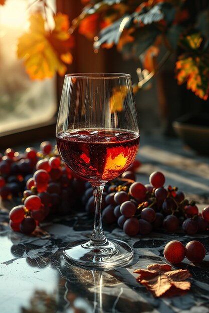 Фото Бокалы с красным вином на деревянной бочке в винограднике широкая фотография