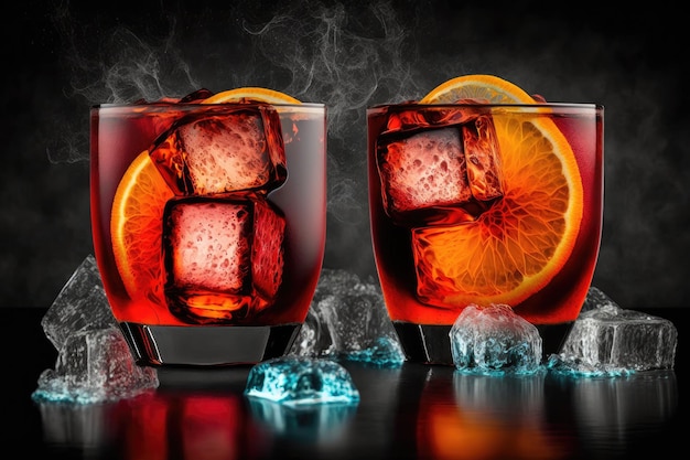 Glasses with refreshing beverage in form of frozen negroni cocktail