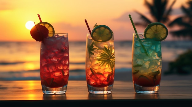 Glasses with three different cocktails on the beach