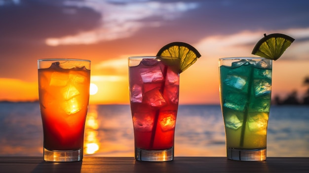 Glasses with three different cocktails on the beach