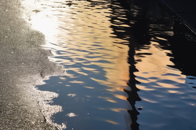 Glasslike reflection of wet asphalt in the sunlight