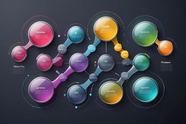 写真 グラスモルフィック・ファイブオプション・ダイアグラム (glassmorphic five-option diagram) は円形のラベルと数字を用いたビジネスユーデータの視覚化です