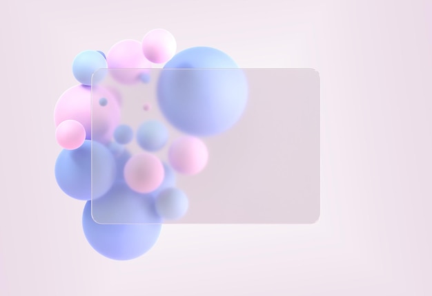 Glassmorphism rectangle plate with bright color geometric spheres on background 3d render Frosted glass effect translucent acrylic shape with thin light border glass morphism style