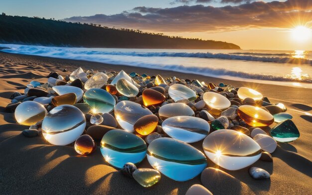 Glasstukken op een strand met de zon achter hen ondergaan.